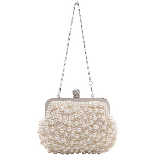 MG Collection Handmade White Pearl Bead Rhinestone Clasp Mini Clutch Evening Bag