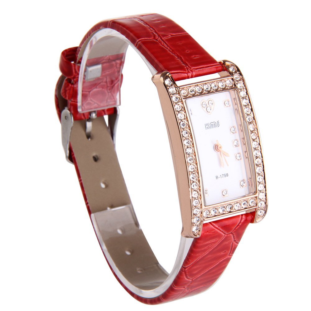 Vktech Fashion Women Bling Rhinestone PU Leather Strap Rectangle Wrist Watch (Red)