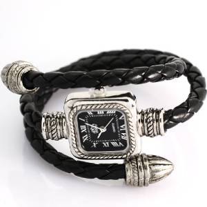 uSs Black Cable Leather Braided Wrap Around Ladies Womens Bracelet Bangle Wrist Watch