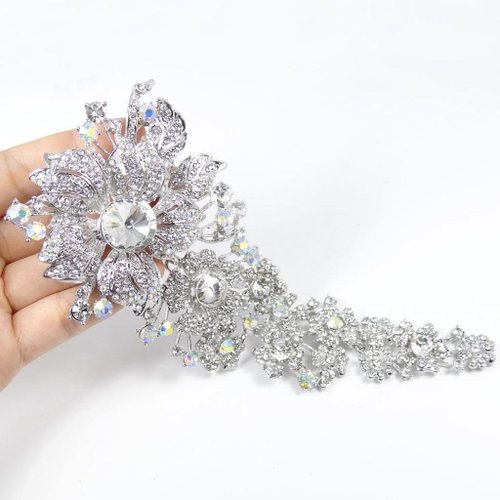 EVER FAITH Bridal Silver-Tone 7.6 Inch Flower Leaf Brooch Clear Austrian Crystal A06316-13