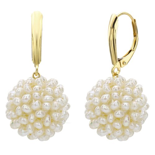 14k Yellow Gold 17-18mm Snowball Design White Cultured Freshwater HighLuster Pearl Leverback Earring
