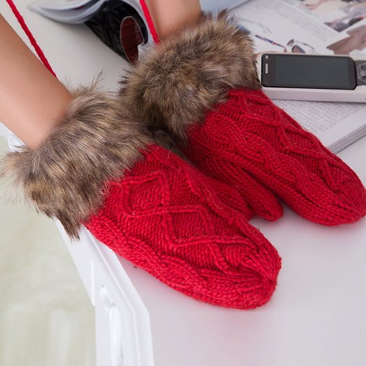 Yasson Women Winter Faux Fur Wrist Halter Thicking Mittens Knitted Gloves