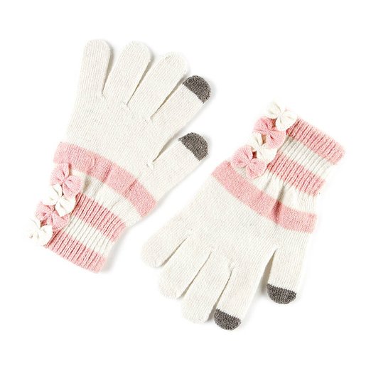 Icing Womens Ivory and Pink Stripes with Bows Touch Screen Gloves