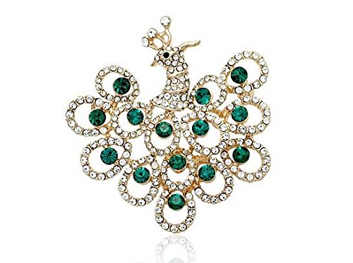 Wedding Accessories Green Crystal 18K Gold Plated Dancing Peacock Brooch Pin Jewelry