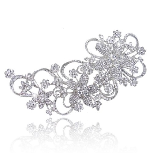 Bridal 6.5 Inch Teardrop Floral Petal Brooch Clear Austrian Crystal Silver-Tone