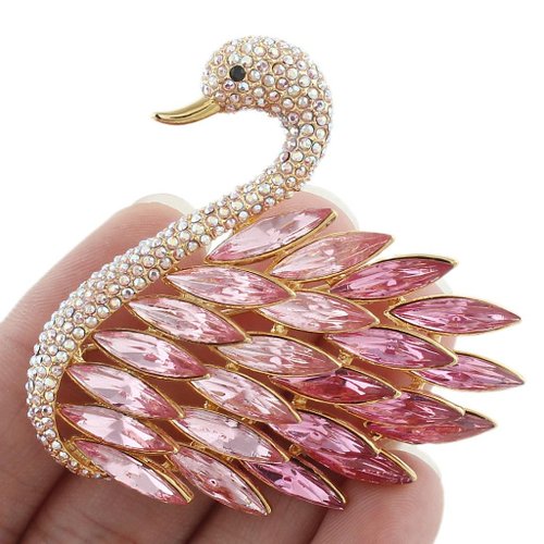 EVER FAITH High Quality Elegant Swan Pink Brooch Austrian Crystal Gold-Tone N04304-1