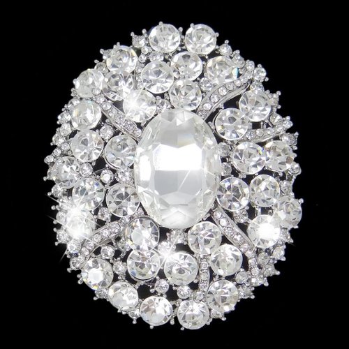 EVER FAITH Bridal Silver-Tone Flower Oval Clear Austrian Crystal Brooch Pendant A02682-1