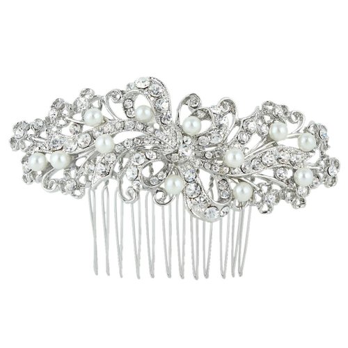 EVER FAITH Bridal Silver-Tone Flower Cream Simulated Pearl Clear Austrian Crystal Hair Comb N00407-1
