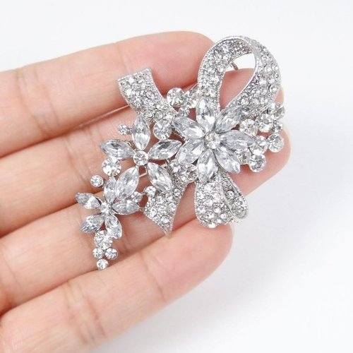 EVER FAITH Wedding Silver-Tone Bowknot Flower Clear Austrian Crystal Brooch N01521-1