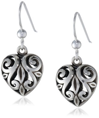 Sterling Silver Open Filigree Heart Dangle Earrings