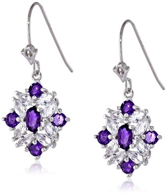 Sterling Silver Two-Tone African Amethyst and White Topaz Cluster Dangle Earrings