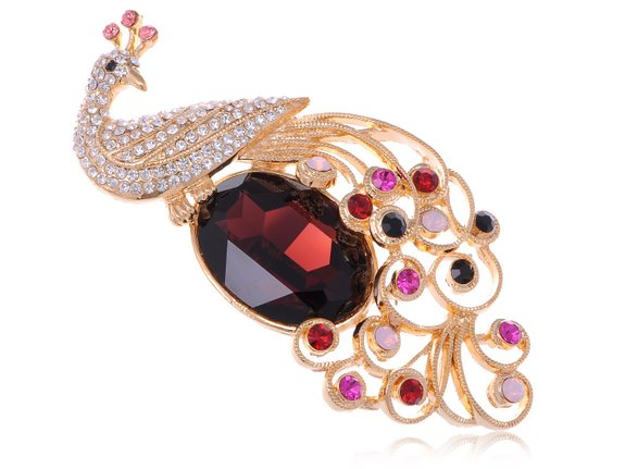 Swarovski Crystal Elements Ruby Red Stone Regal Peacock Pin Statement Pin Brooch