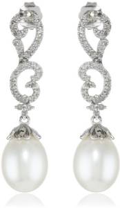 10k White Gold Scroll Design Diamond and Freshwater Pearl Drop Earrings (1/5cttw, I-J Color, I2-I3 Clarity)