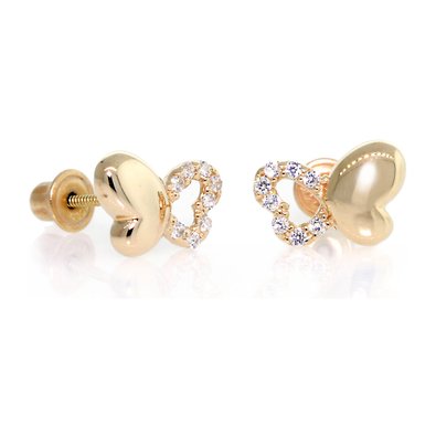 14k Yellow gold, Butterfly shape Cute CZ Baby earrings with Screw back