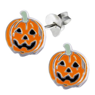 .925 Sterling Silver Cute Halloween Jack-O-Lantern Pumpkin Stud Earrings