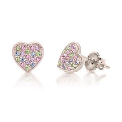 Kids Earrings- 925 Sterling Silver With a White Gold Tone Pink Heart Screwback Children's Earrings Made with Swarovski Elements kids, children, girls, baby