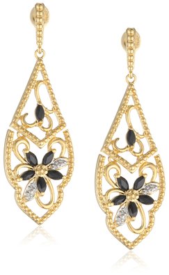 Yellow Gold Plated Sterling Silver Sapphire and Diamond Accent Flower Dangle Earrings