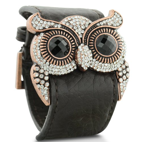 Leather and Crystal Owl Cuff Bracelet