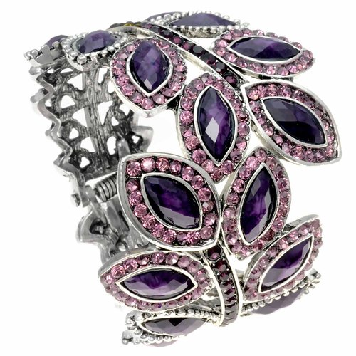 PammyJ Wide Purple Crystal Leaf Silvertone Bangle Bracelet