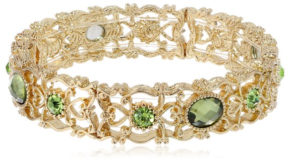 1928 Jewelry "Jeweltone Greens" Gold-Tone Green Bangle Bracelet, 2.5"