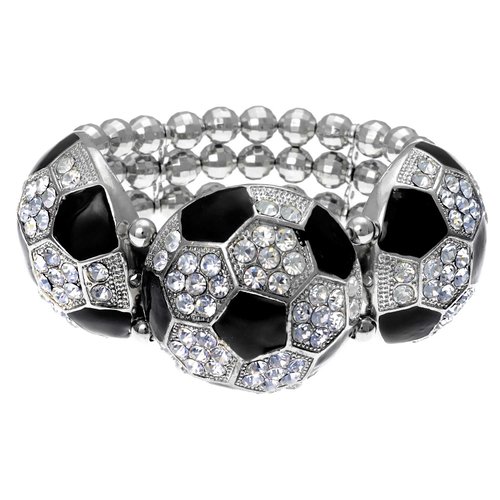 Silvertone Beaded Clear Crystal Soccer Ball Stretch Bangle Bracelet