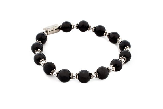 Black & Silver Hematite Magnetic Bead Bracelet , Lg to XL- 7.5 Inches Long - Hypoallergenic