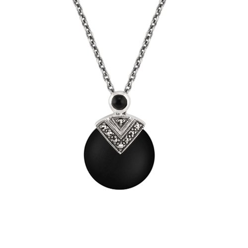 Sterling Silver 3ct Black Onyx Cabochon Art Deco Style 45cm Necklace