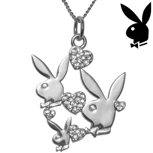 Playboy Necklace Triple Bunny Logo Swarovski Crystal Hearts Charm Pendant Authentic Officially Licensed Jewelry Jewellery