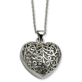 Stainless Steel Filigree Puffed Heart Pendant 22in Necklace