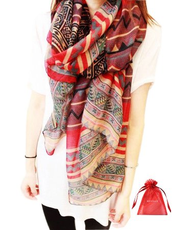 New Retro Women Lady Bohemian Voile Soft Silk Scarf Large Beach Shawl Scarves (Red)