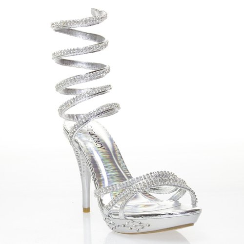 Delicacy Womens DELICACY02 Open Toe Rhinestones Platform High Heel Party Sandal, Silver PU Leather