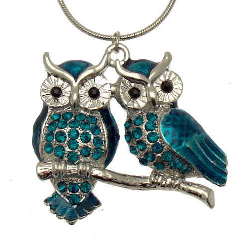 Acosta Jewellery - Turquoise Blue Enamel & Crystal - Silver Colored Owl Necklace